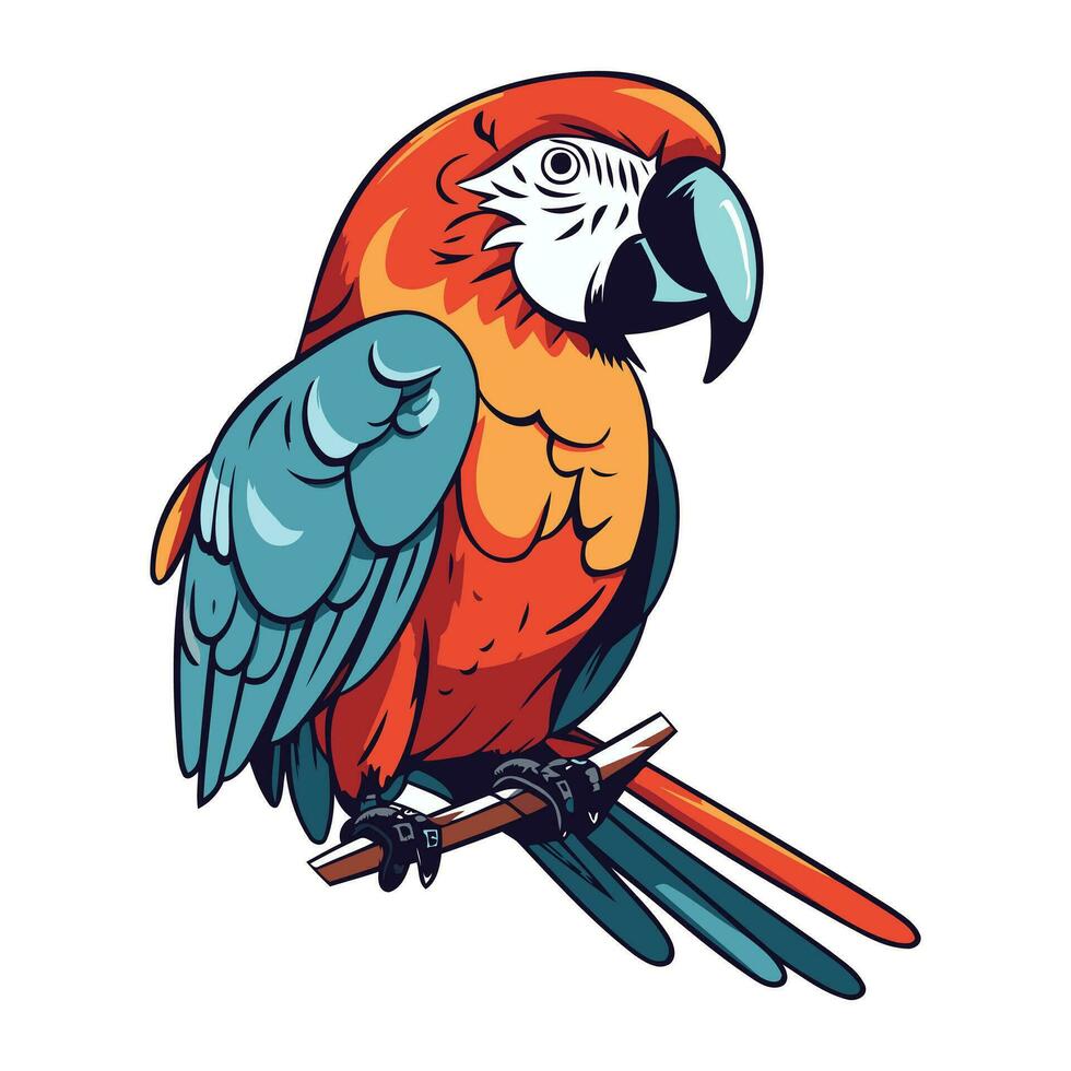 Colorful macaw parrot on a branch. Vector illustration.