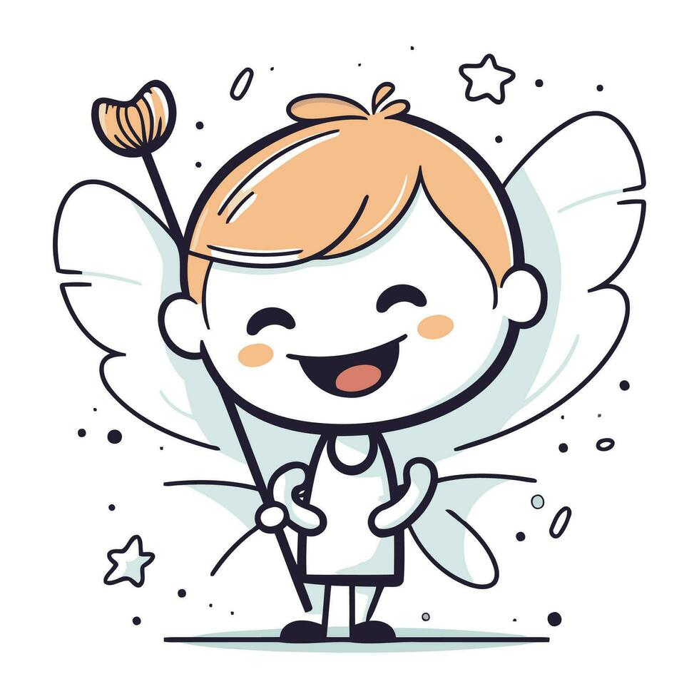 linda pequeño ángel con alas y magia varita mágica. vector ilustración.