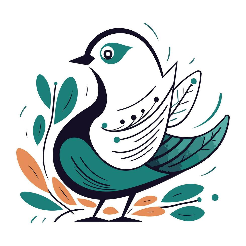 vector ilustración de un linda pájaro en un blanco antecedentes con hojas.