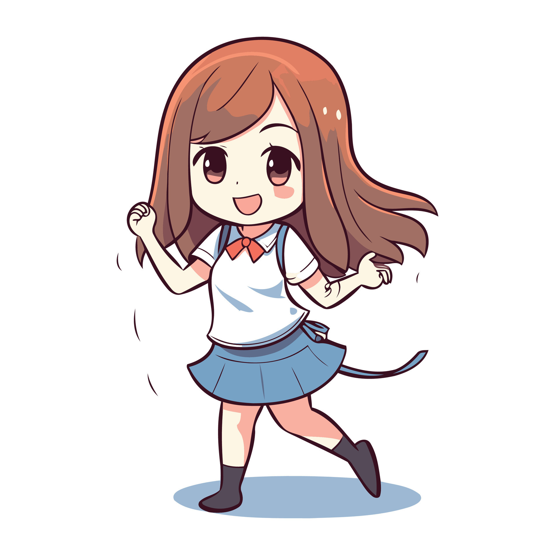 Cute little schoolgirl in school uniform running. Vector illustration