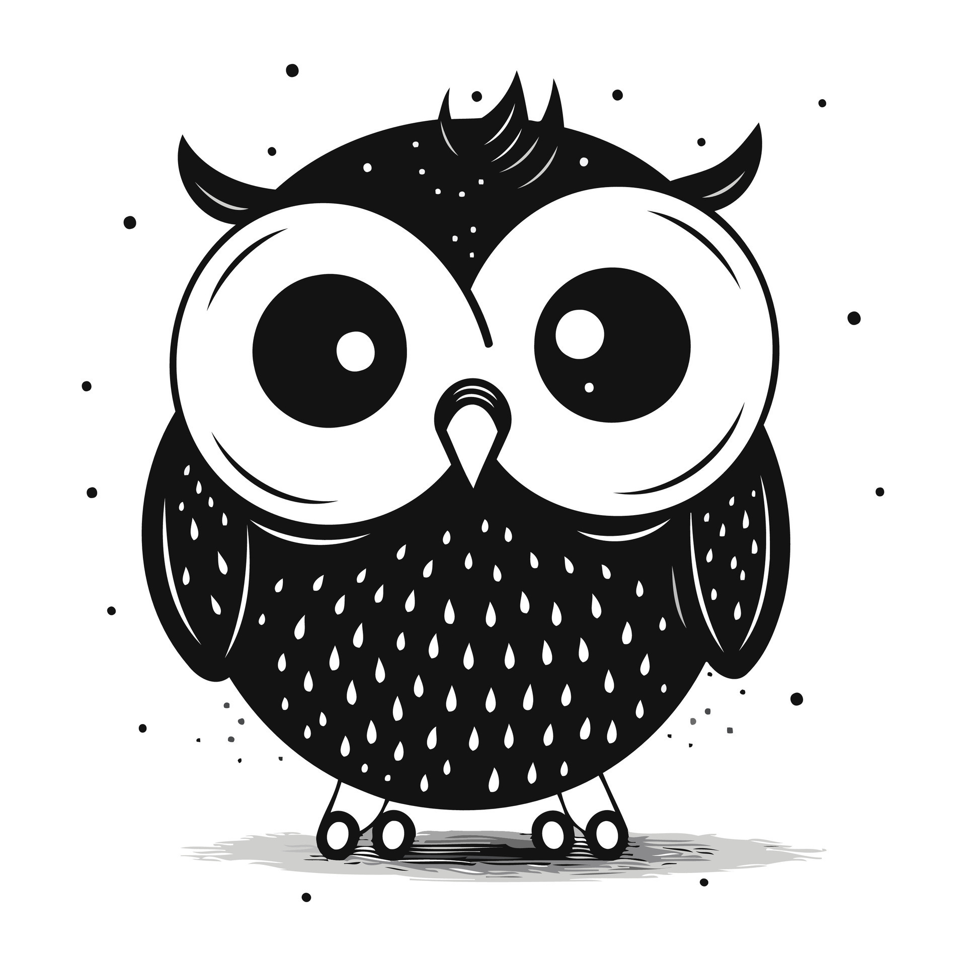 Cute cartoon owl isolated on white background. Black and white vector