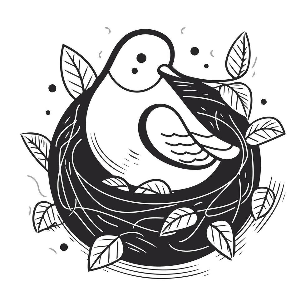 Bird in nest. Black and white vector illustration for coloring book.