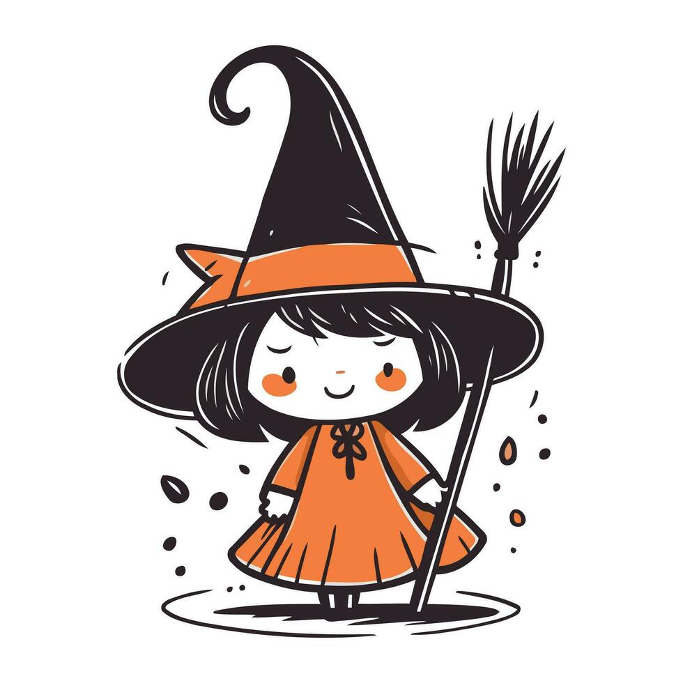 Cute little girl in witch costume with broom. Vector illustration.