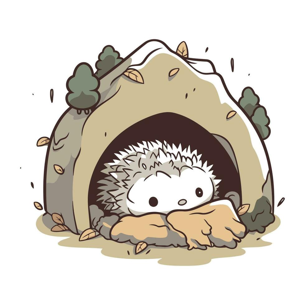 Illustration of a Hedgehog Sleeping in a Rock House   Vector