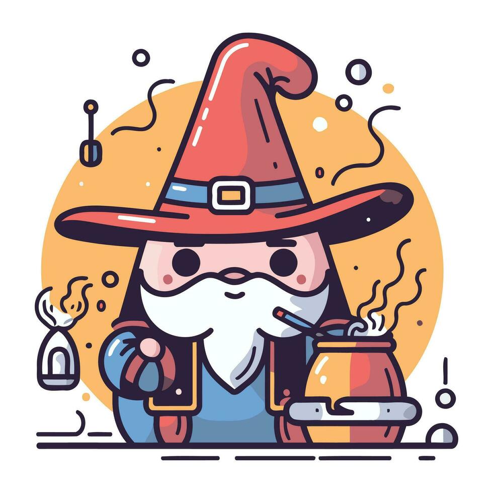 Cute cartoon wizard in a hat with a pipe. Vector illustration.