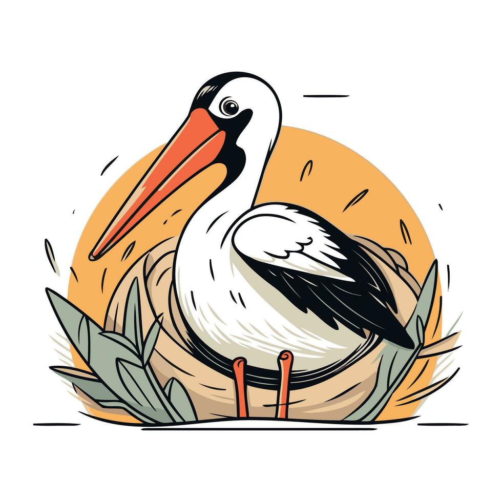 Pelican in the nest. Vector illustration in cartoon style.