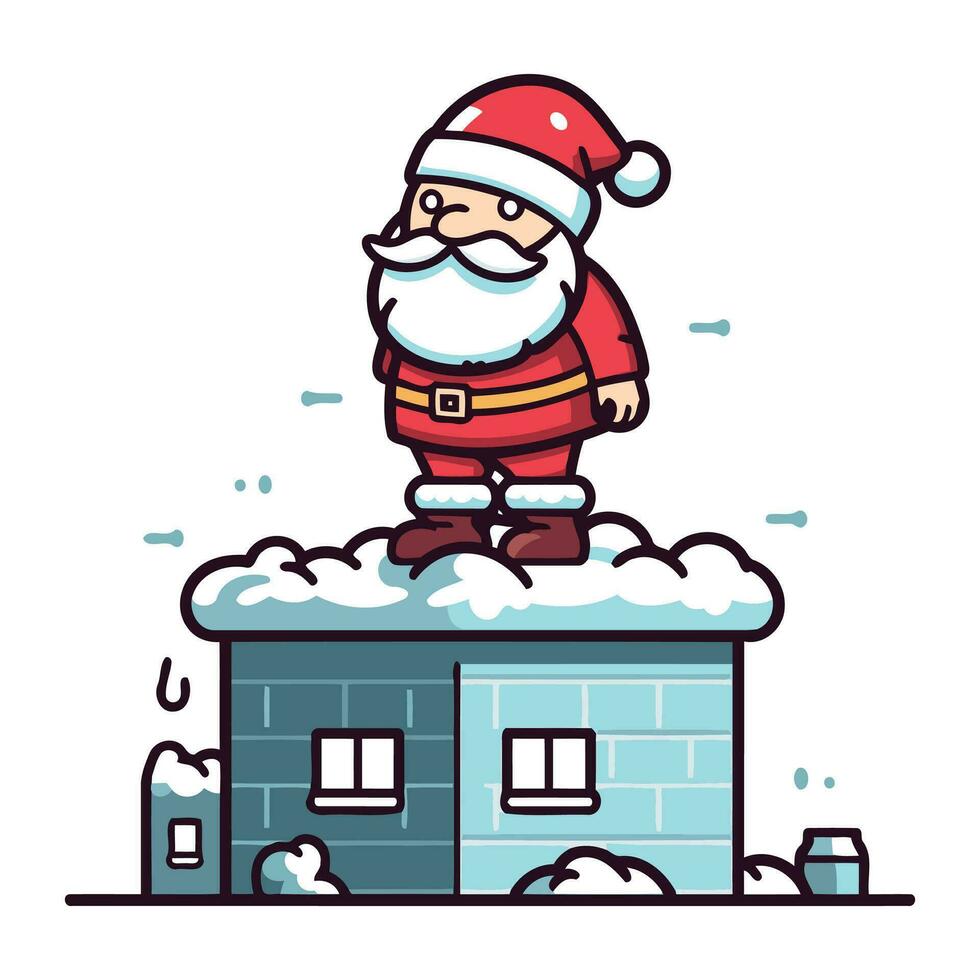 Papa Noel claus en pie en el techo de el casa. vector ilustración.