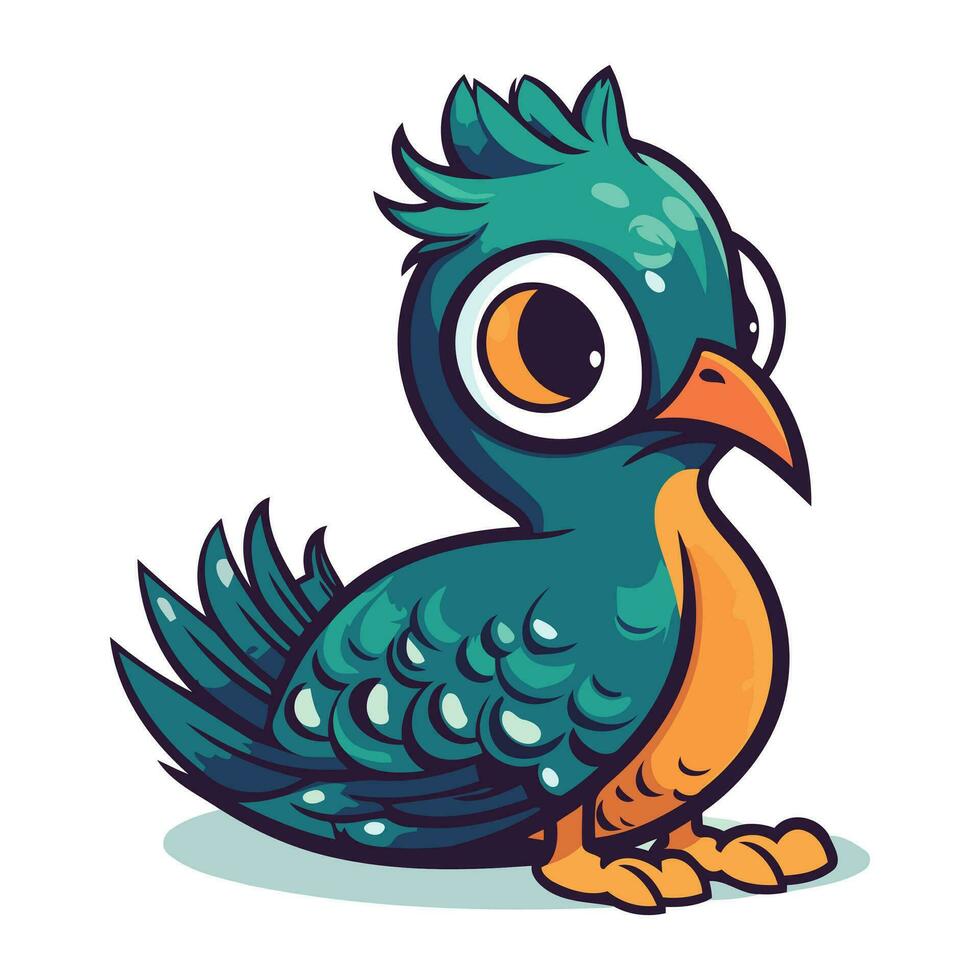 Cute cartoon green bird on a white background. Vector illustration.