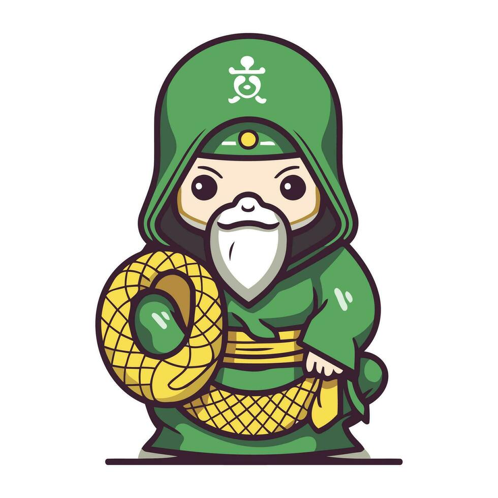 Cute cartoon gnome with a snake and a bell. Vector illustration.