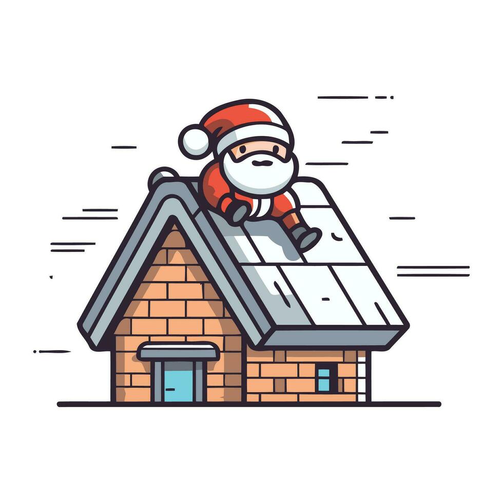Papa Noel claus en el techo de el casa. Navidad vector ilustración.