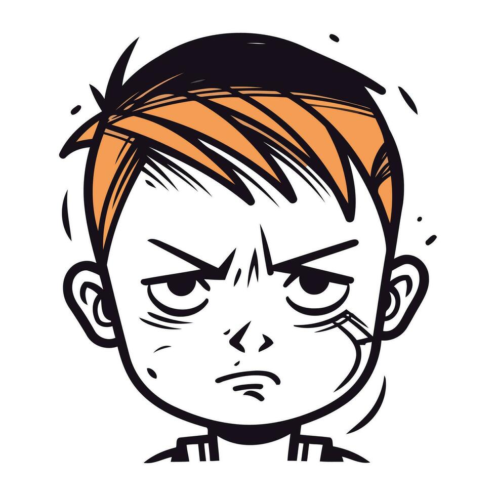 Angry little boy cartoon vector illustration. Scared kid face.