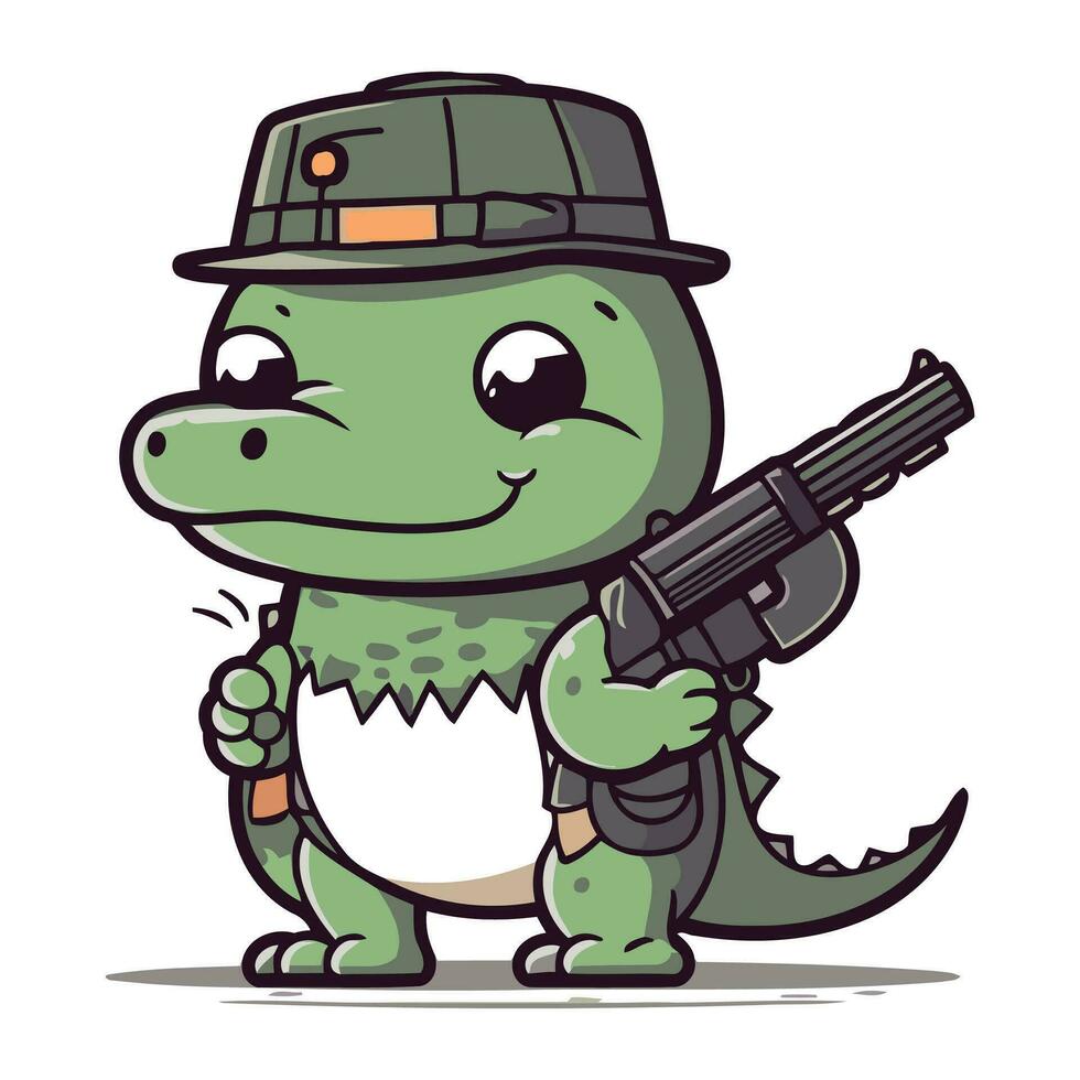 Cartoon crocodile in a hat with a gun. Vector illustration