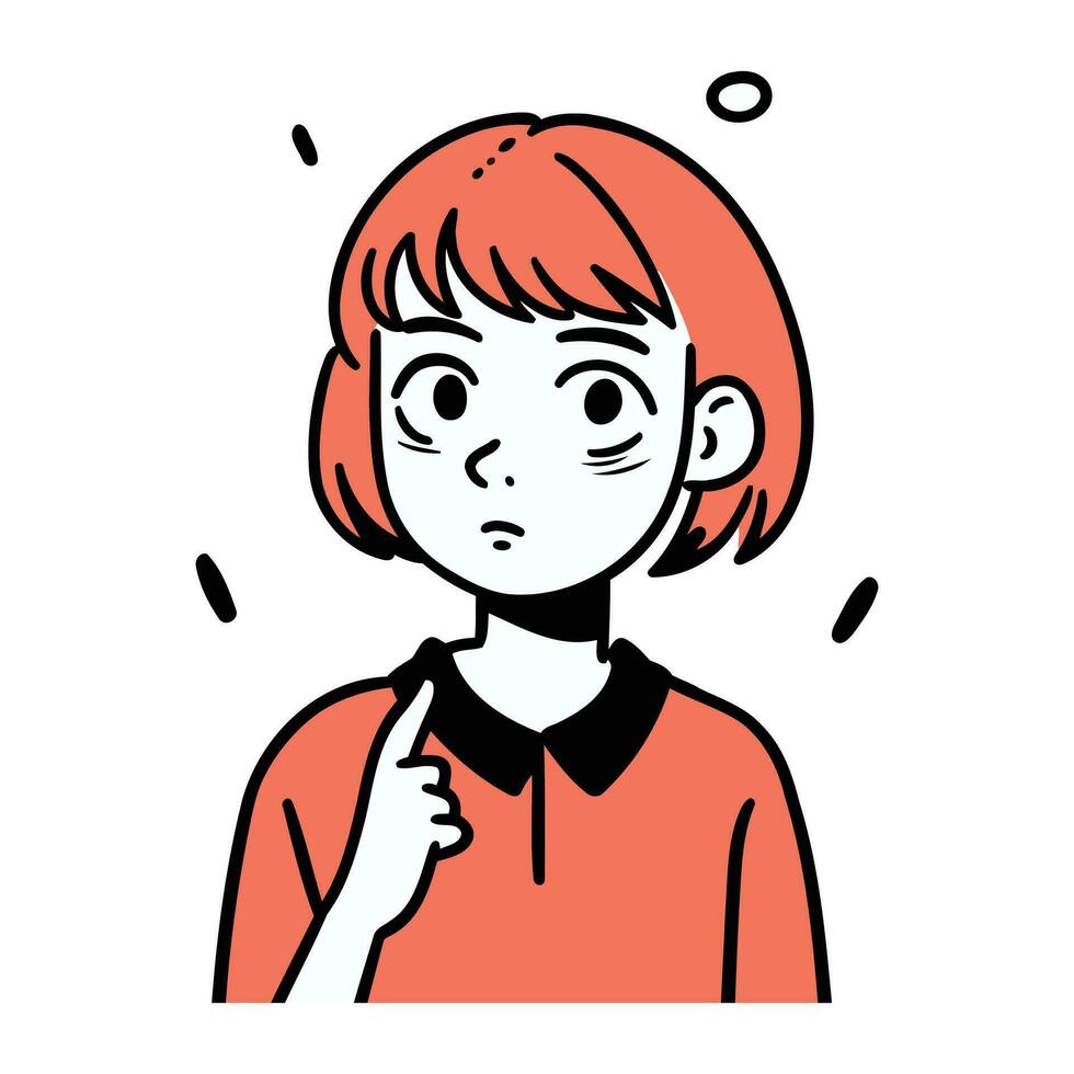 young woman with red hair pointing her finger up. Vector illustration.