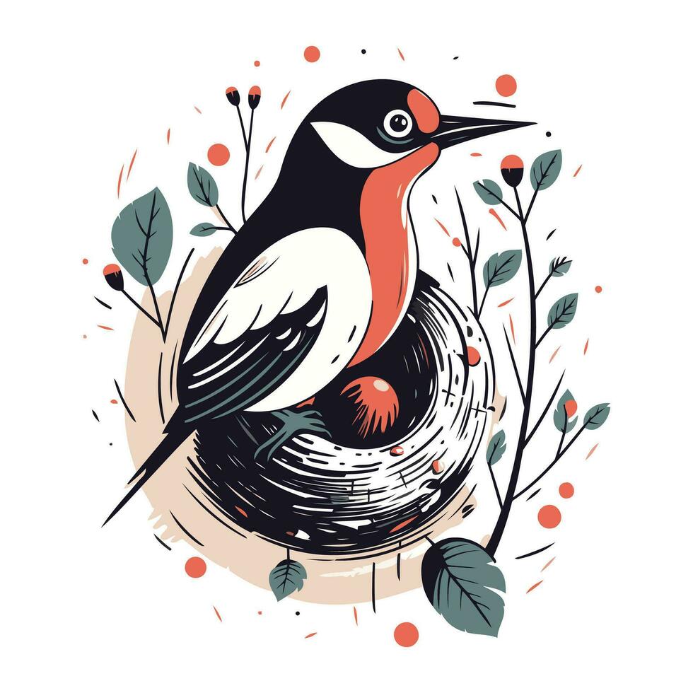 Hand drawn vector illustration of a woodpecker sitting on a nest.