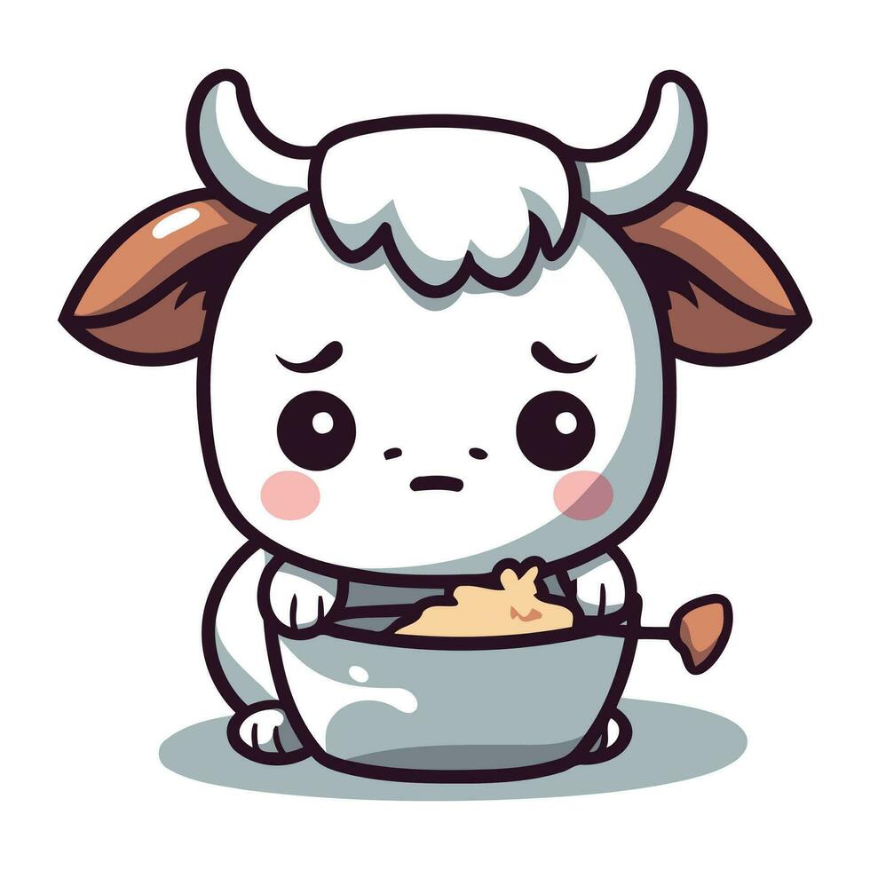 Cute little cow with a bowl of soup. Vector illustration.