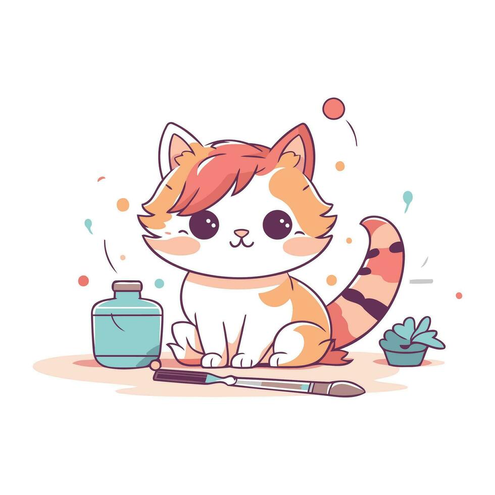 Cute little cat with a brush and a bottle. Vector illustration.