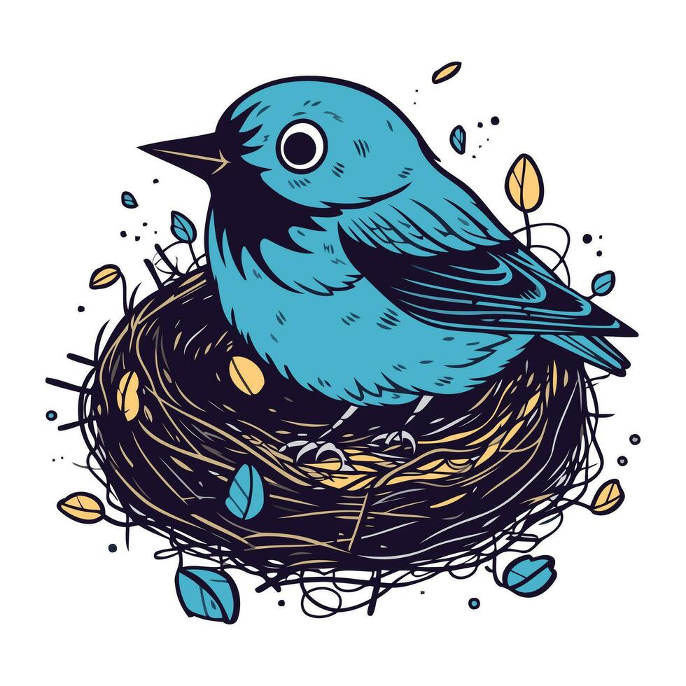 Hand drawn vector illustration of a cute blue bird in a nest.