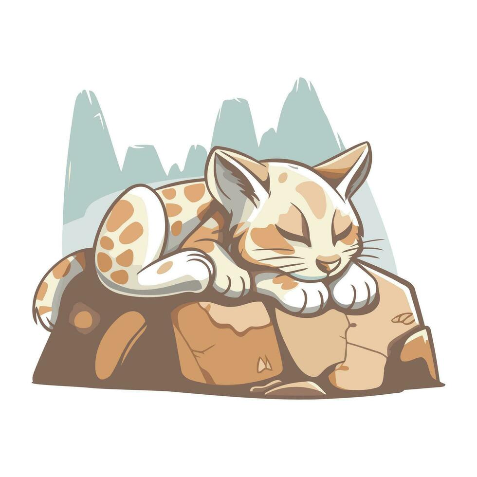 Cute cartoon wild cat sleeping on the rock. Vector illustration.