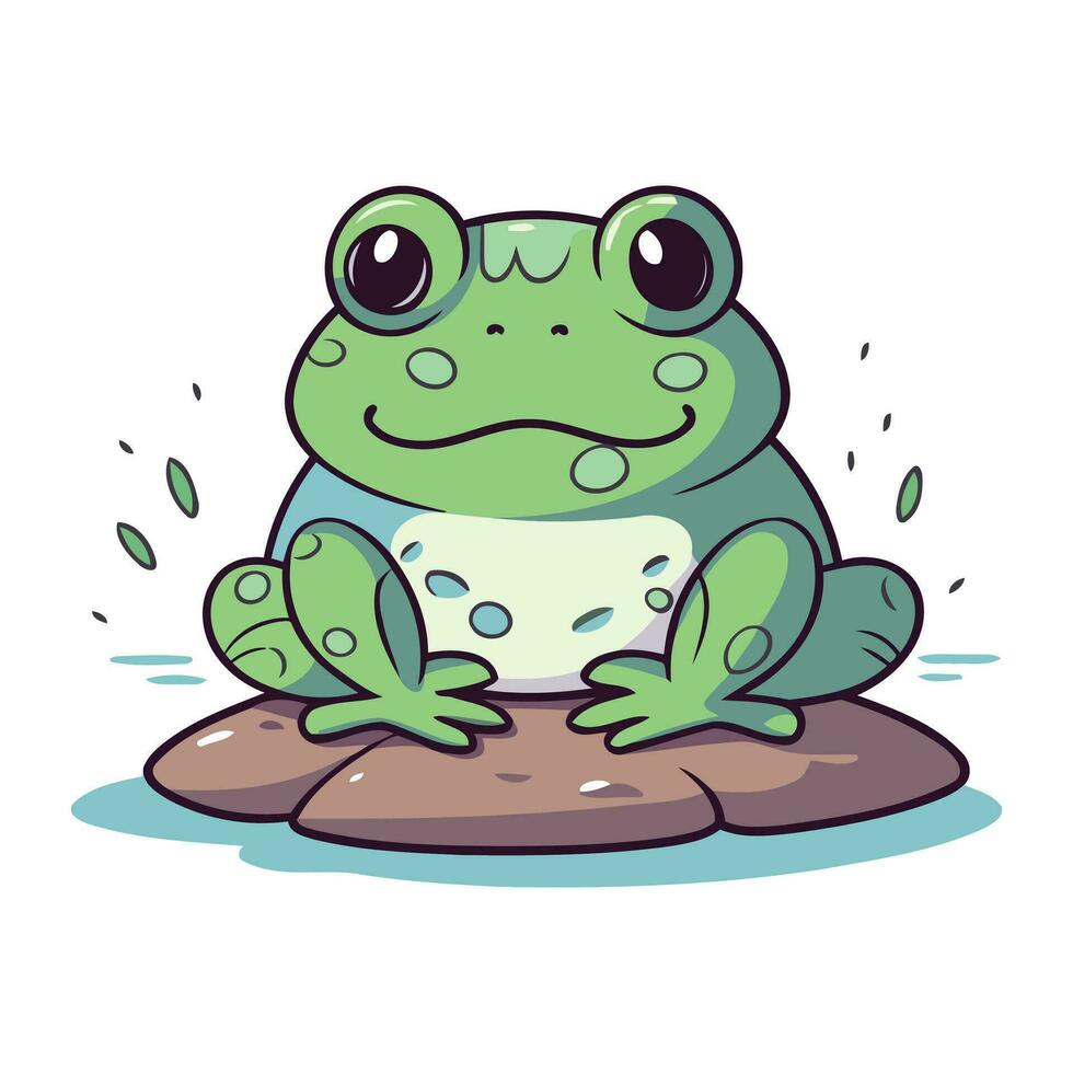 Cute cartoon frog sitting on a rock. Vector illustration isolated on white background.