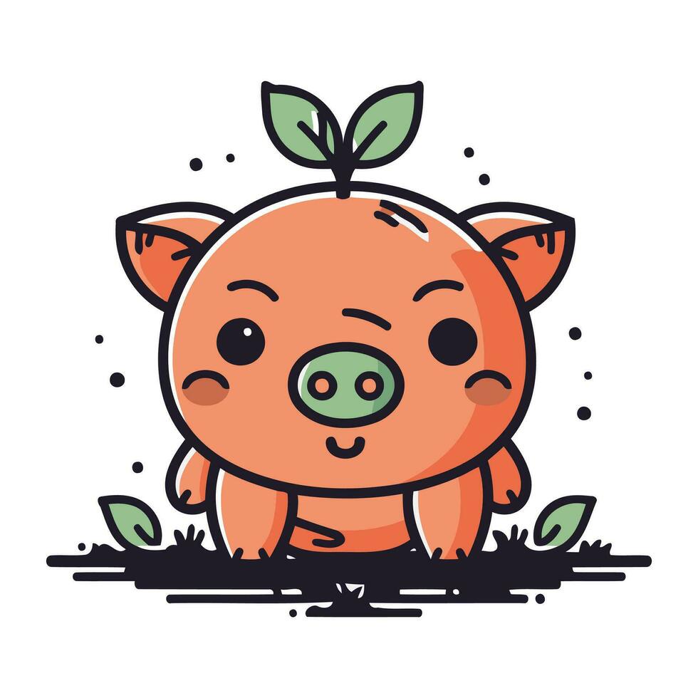 Cute piggy with green leaves. Vector illustration in cartoon style.