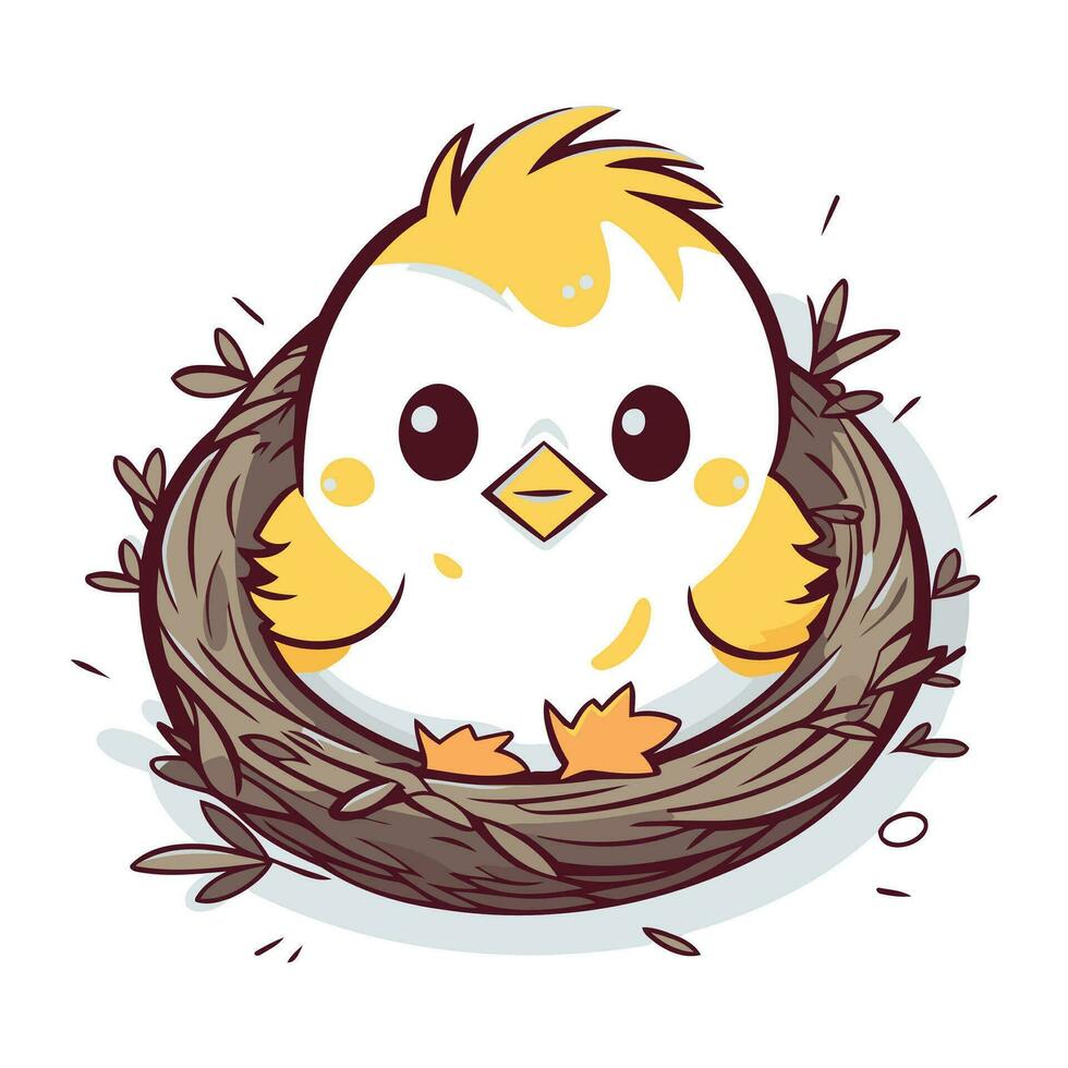 Cute little chicken in the nest. Vector illustration on white background.