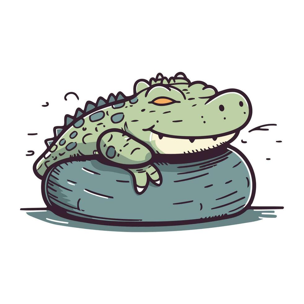 Crocodile sleeping on a rock. Vector illustration of a cartoon crocodile.