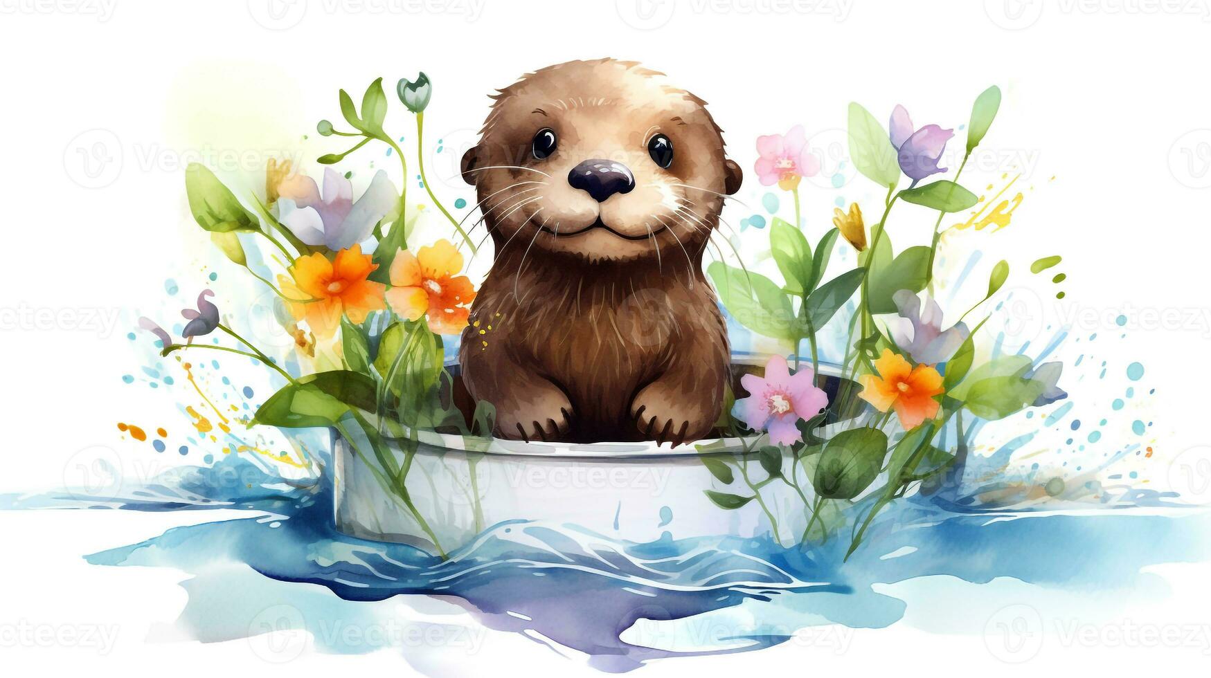 a cute little Otter in watercolor style. Generative AI photo