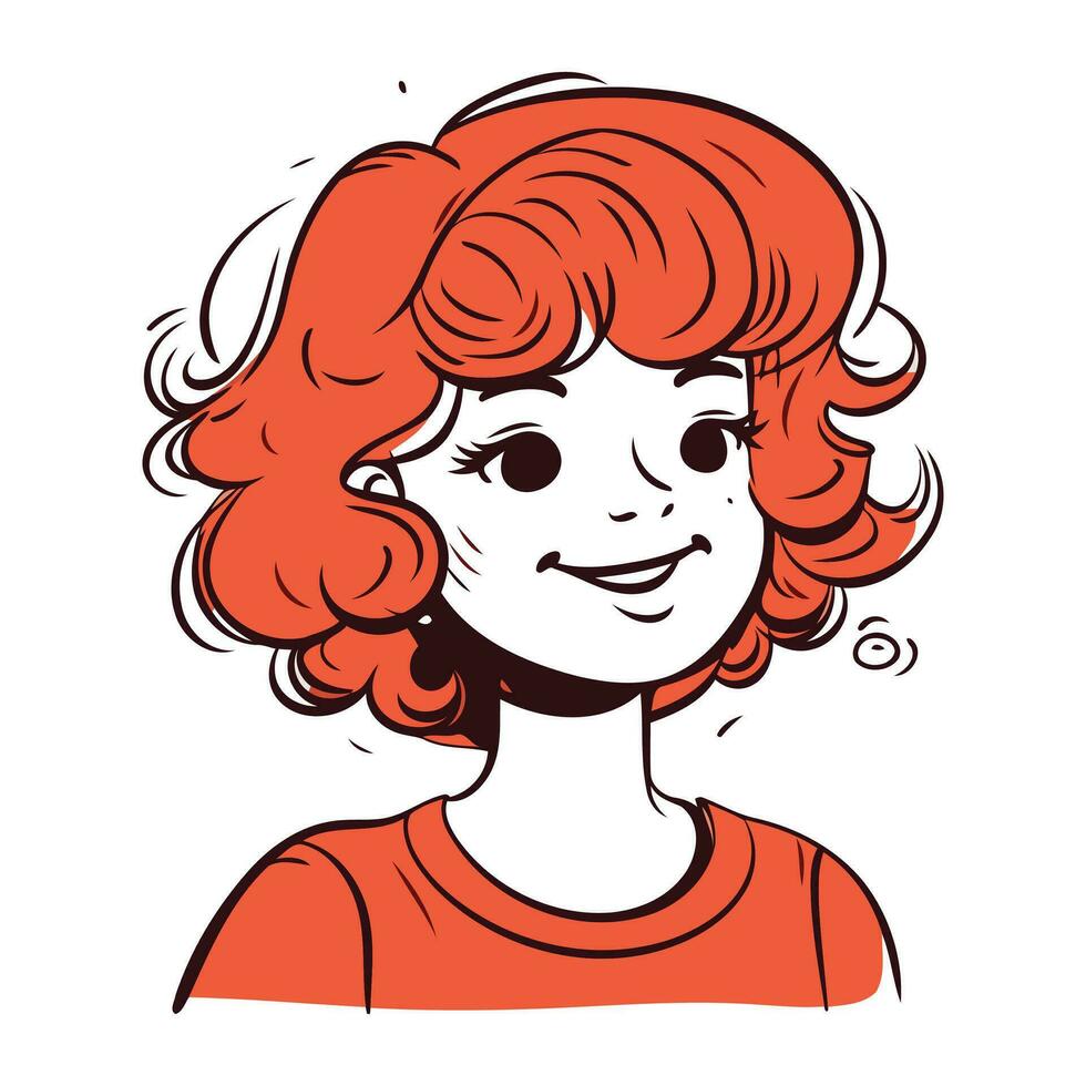 Vector illustration of a beautiful young woman with red hair in a red T shirt.