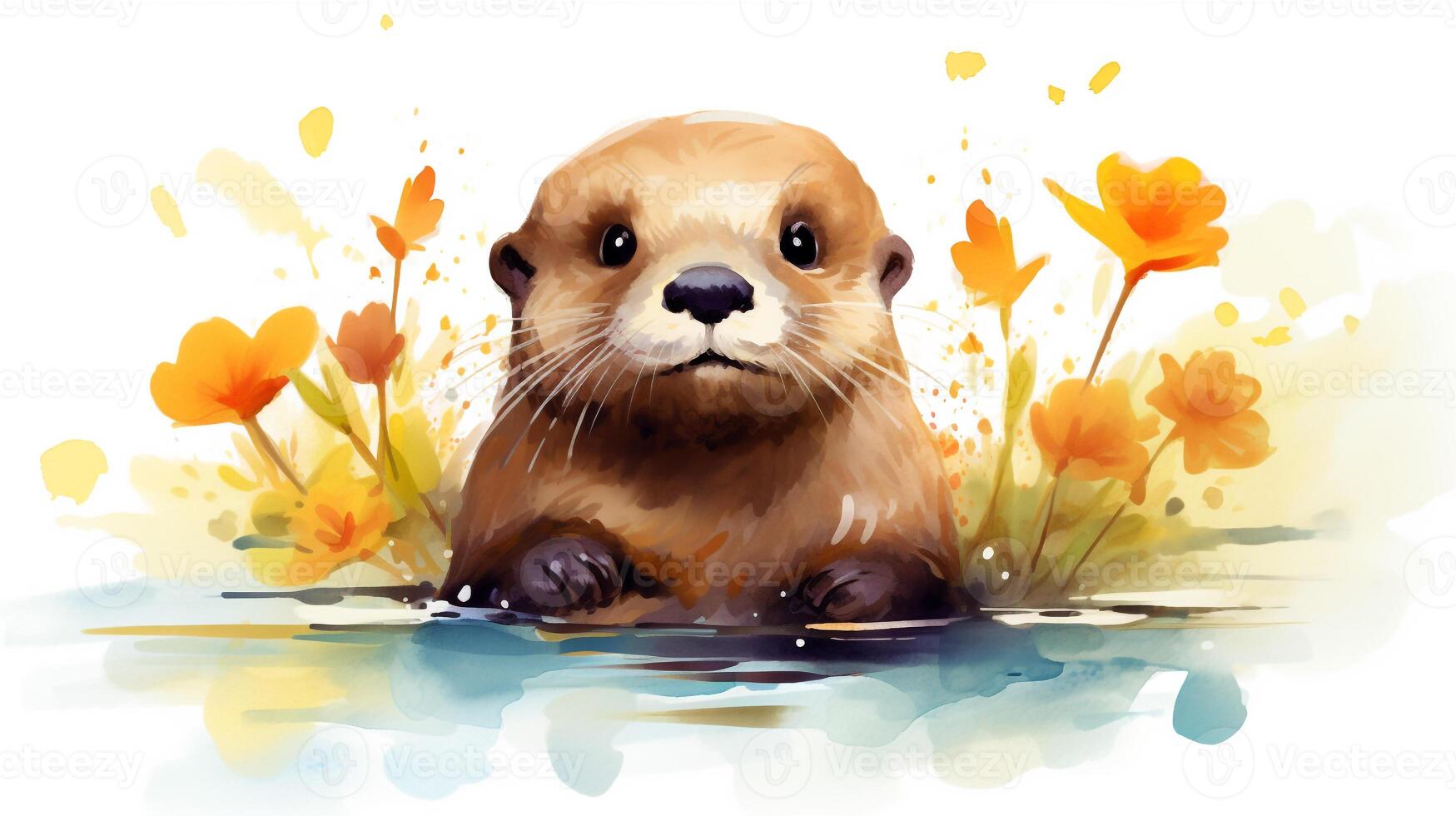 a cute little Otter in watercolor style. Generative AI photo