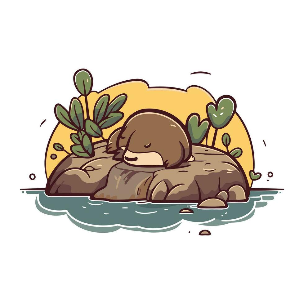 Cute cartoon otter sitting on the rock. Vector illustration.