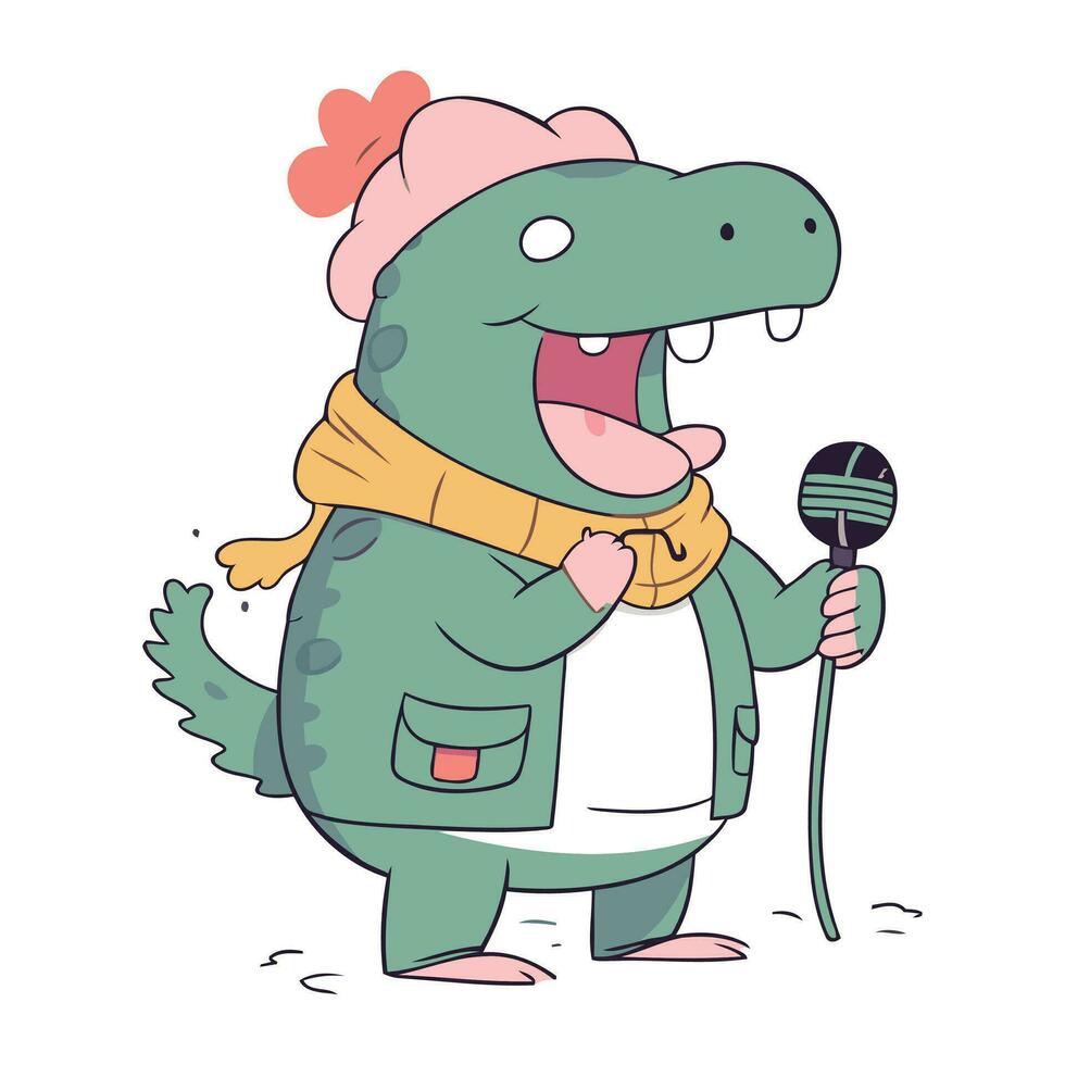 Cute cartoon crocodile singing karaoke. Vector illustration.