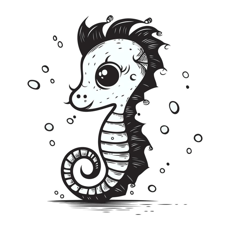 Seahorse. Black and white vector illustration isolated on white background