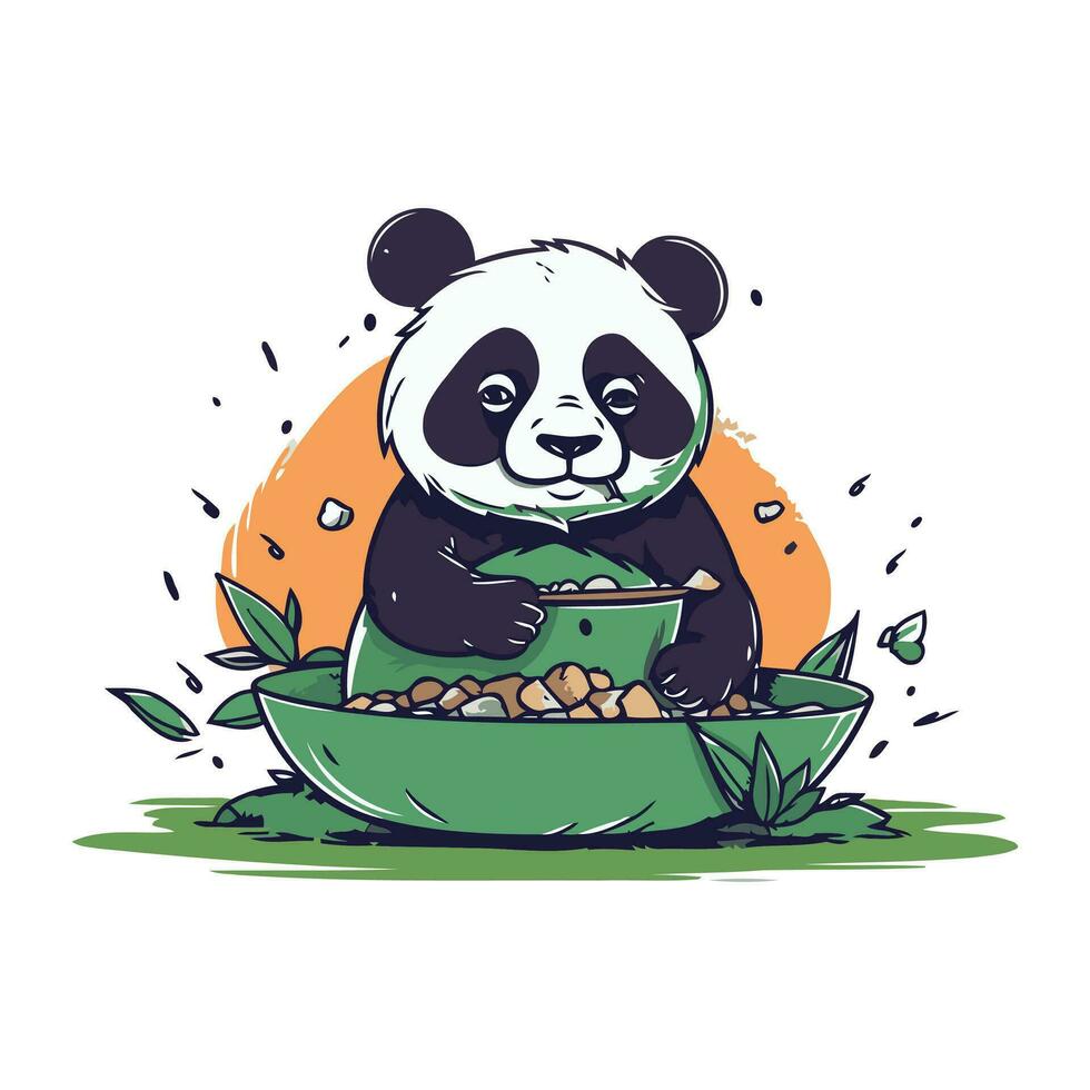 Cute panda eating food from a bowl. Vector illustration.