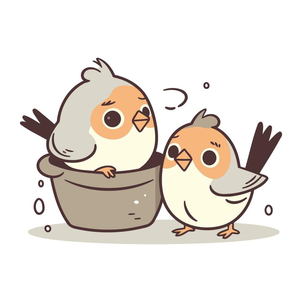 Cute birds in a basket. Vector illustration. Cartoon style.