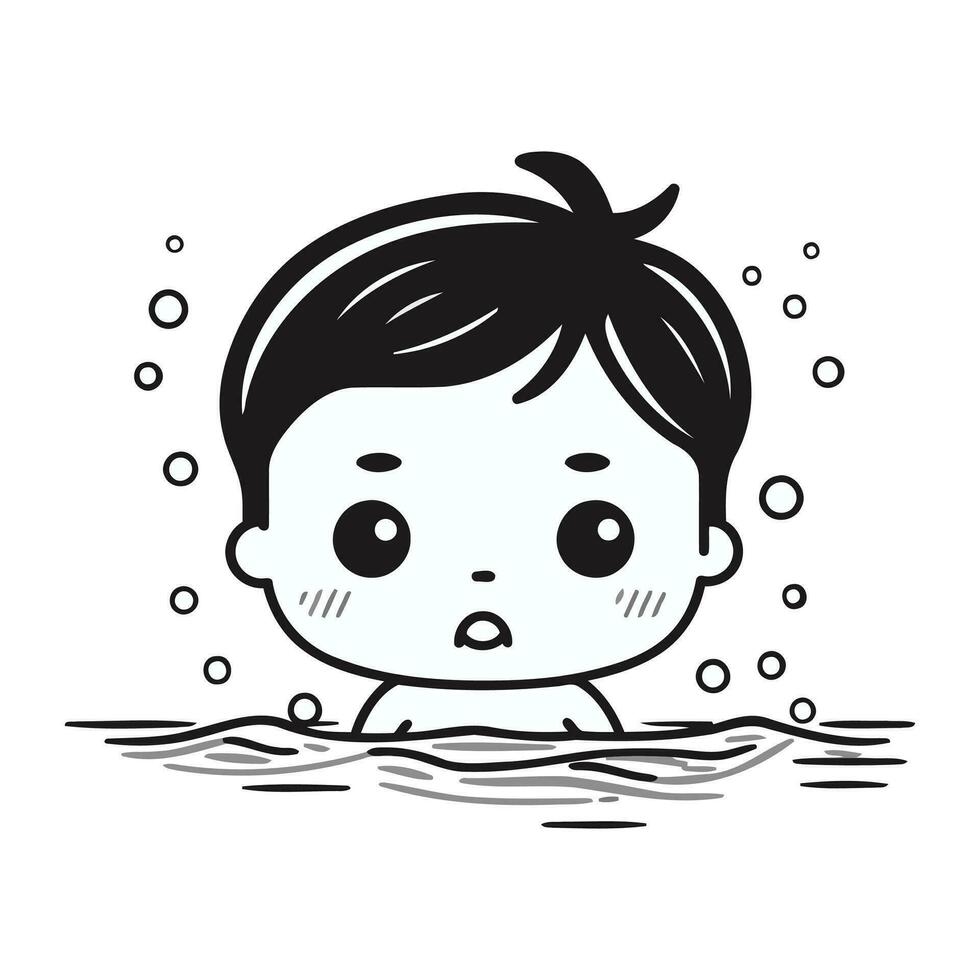 cute little boy swimming in sea. cartoon vector illustration graphic design