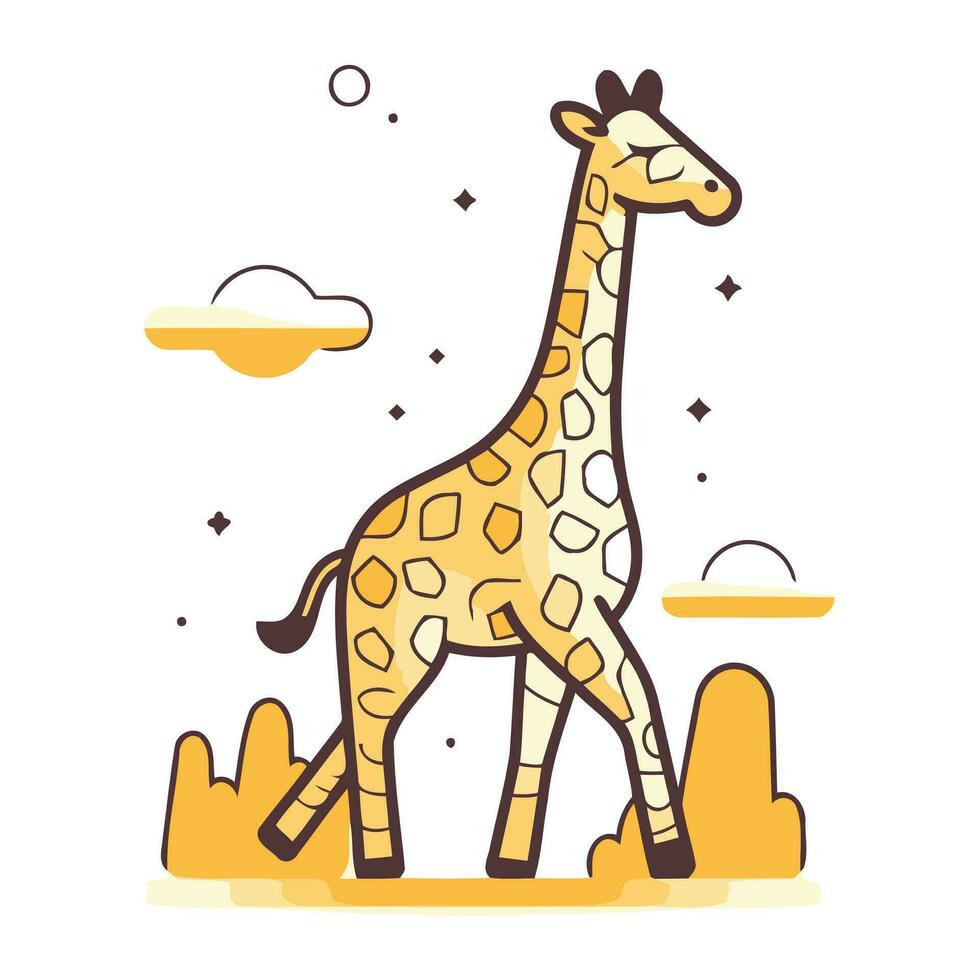 Giraffe vector illustration in flat line style. Giraffe on the background of the sky.