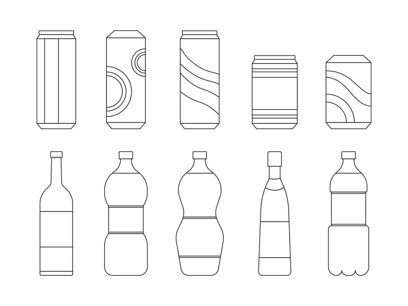 Bottle beverage, canned set.  simple line style. Vector illustration