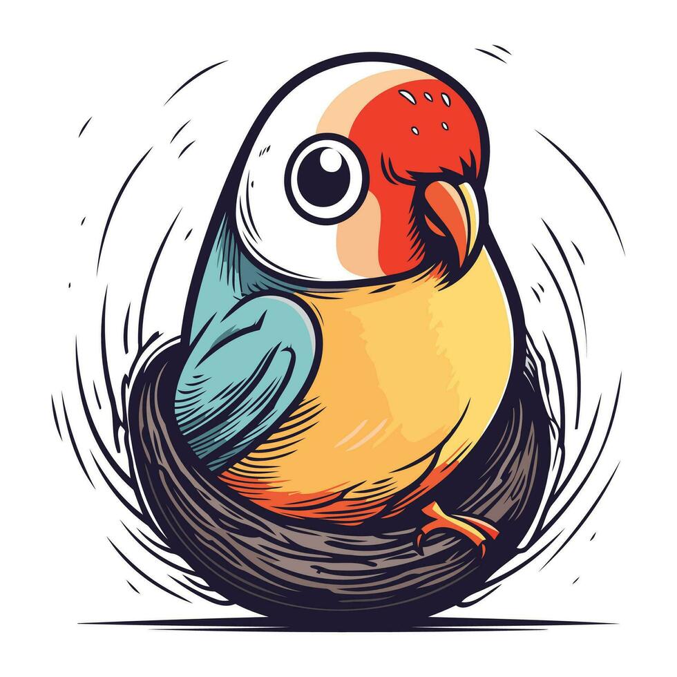 Cute cartoon parrot sitting on the nest. Vector illustration.