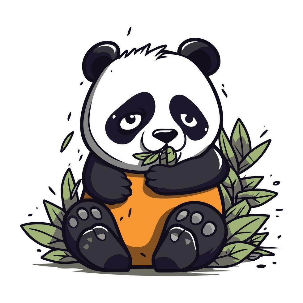 Cute panda sitting on a branch with leaves. Vector illustration.