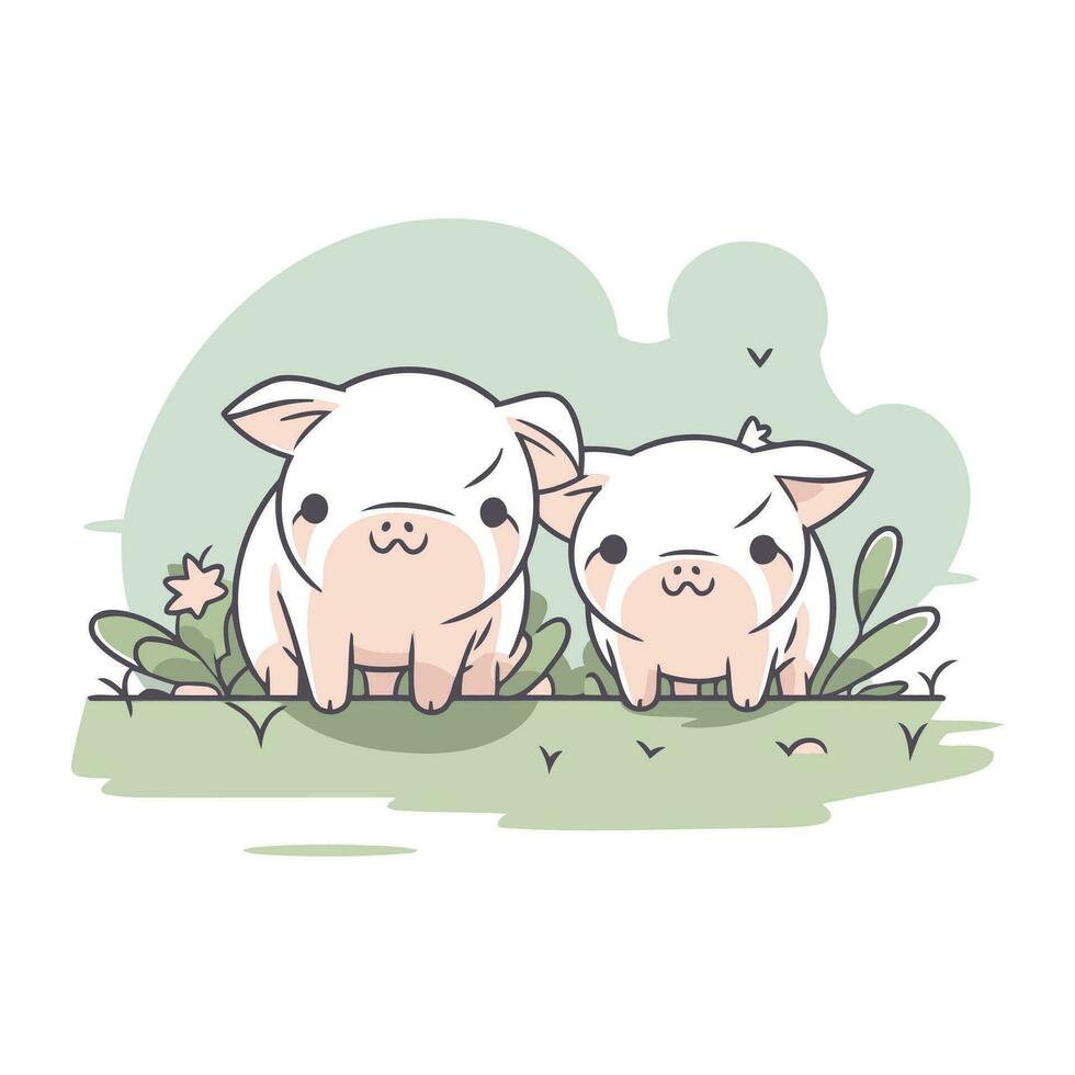 Vector illustration of two cute little pigs in the grass. Cute cartoon animals.