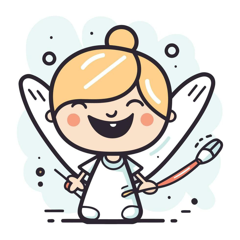 Cute little girl holding paint brush and smiling. Vector illustration.