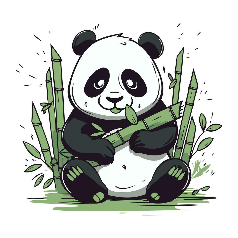 linda panda sentado en bambú. vector ilustración en dibujos animados estilo.