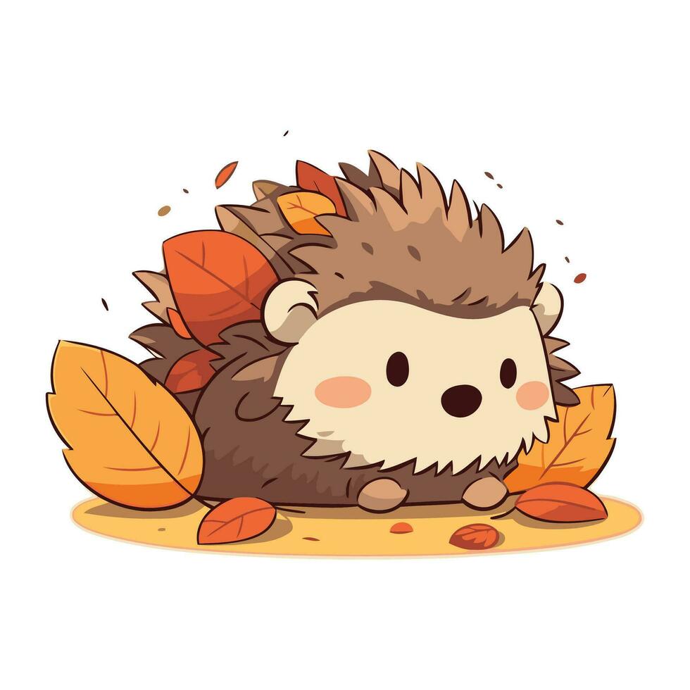 Cute hedgehog in autumn leaves. Vector illustration of a cute hedgehog.