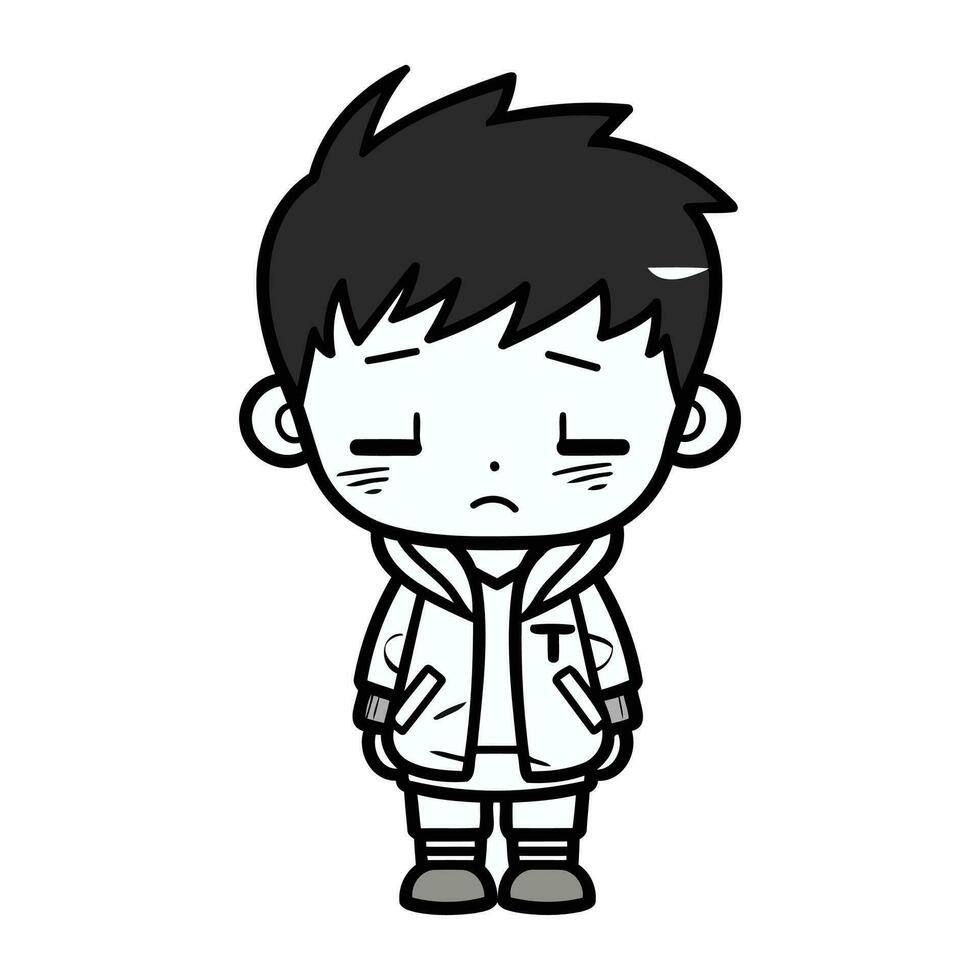 irritado chico en invierno ropa dibujos animados ilustración en blanco antecedentes. vector