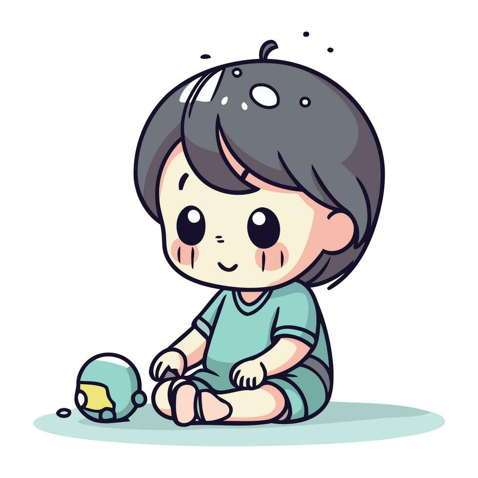 Illustration of a Cute Little Boy Sitting and Playing with His Toy vector