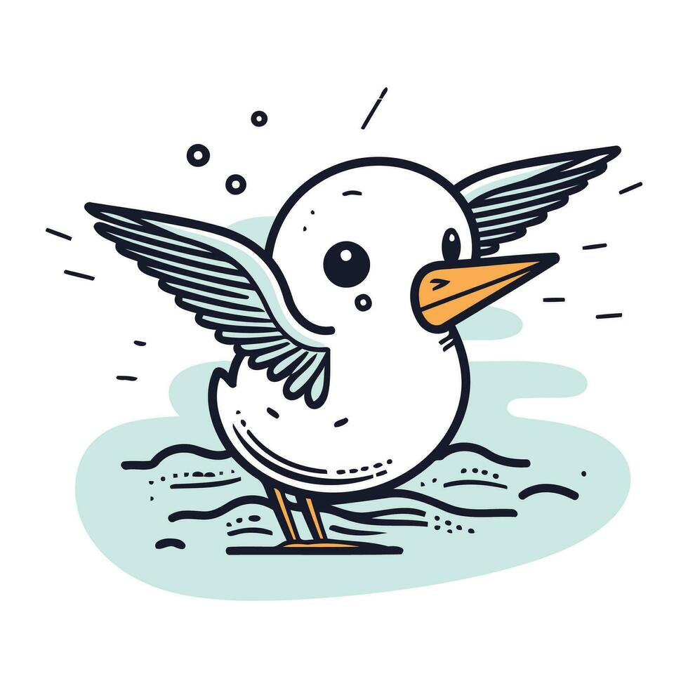 Cute cartoon seagull flying in the sky. Vector illustration.