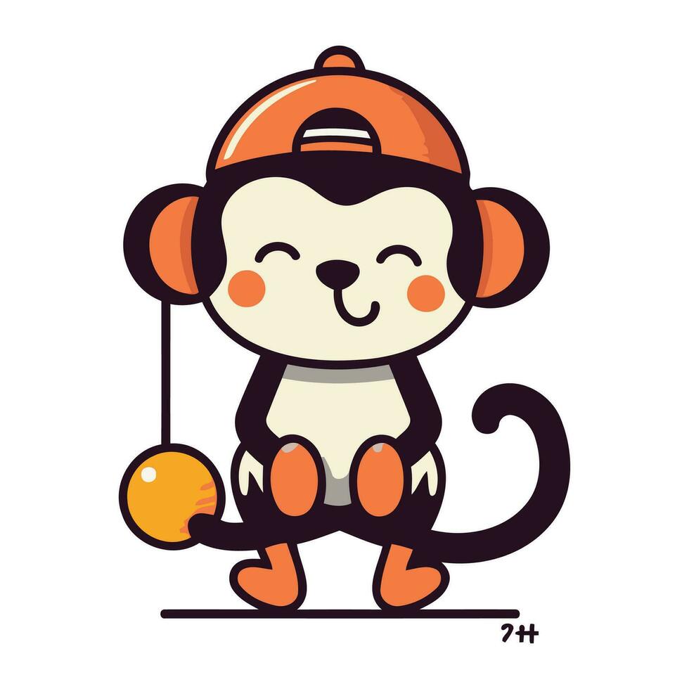 Cute monkey in a helmet with a toy. Vector illustration.