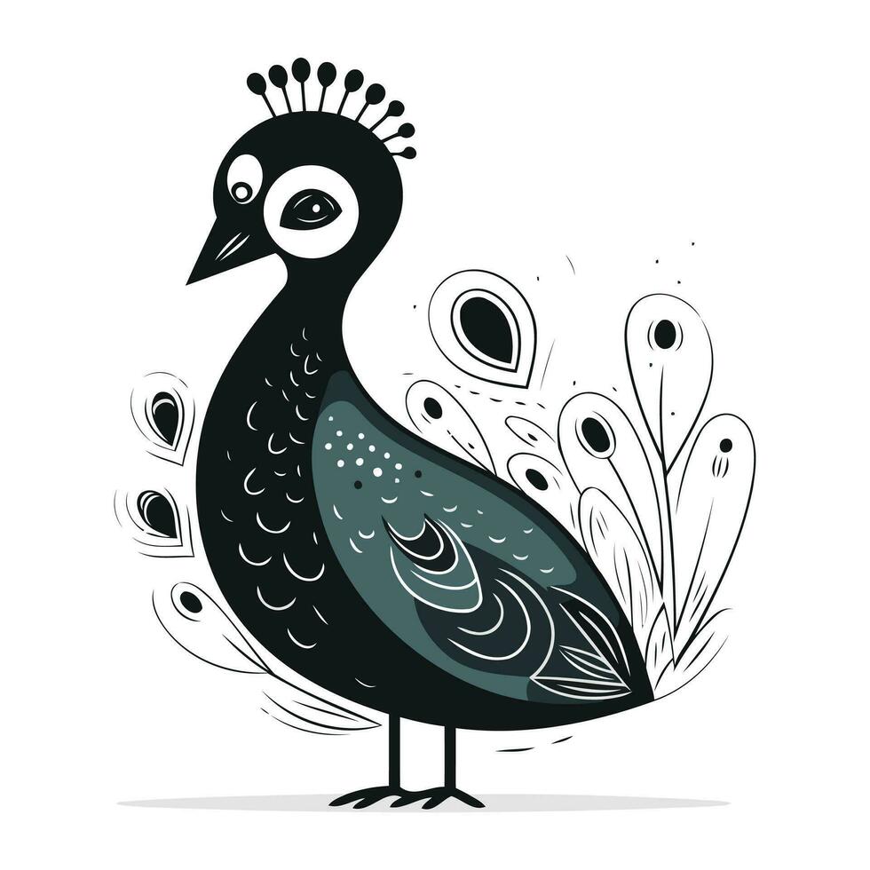 pavo real. negro y blanco vector ilustración en dibujos animados estilo.