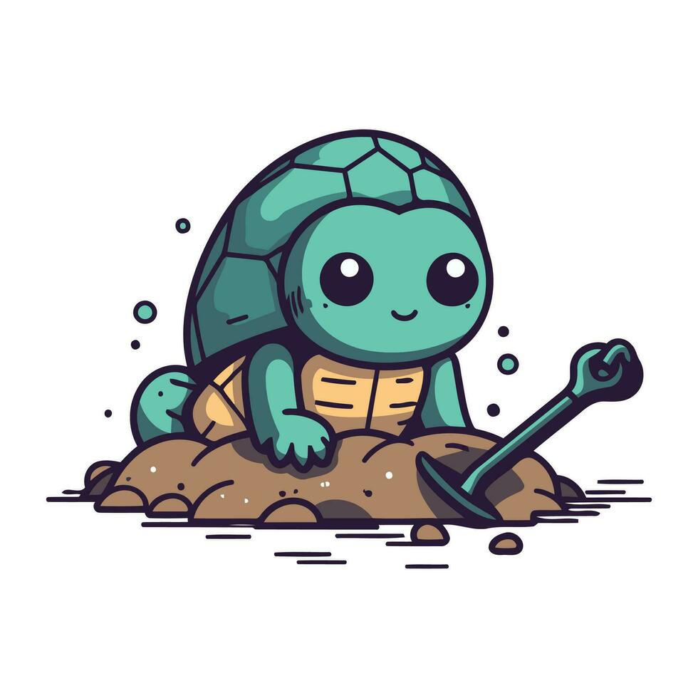 linda dibujos animados Tortuga con un pala. vector ilustración en blanco antecedentes.