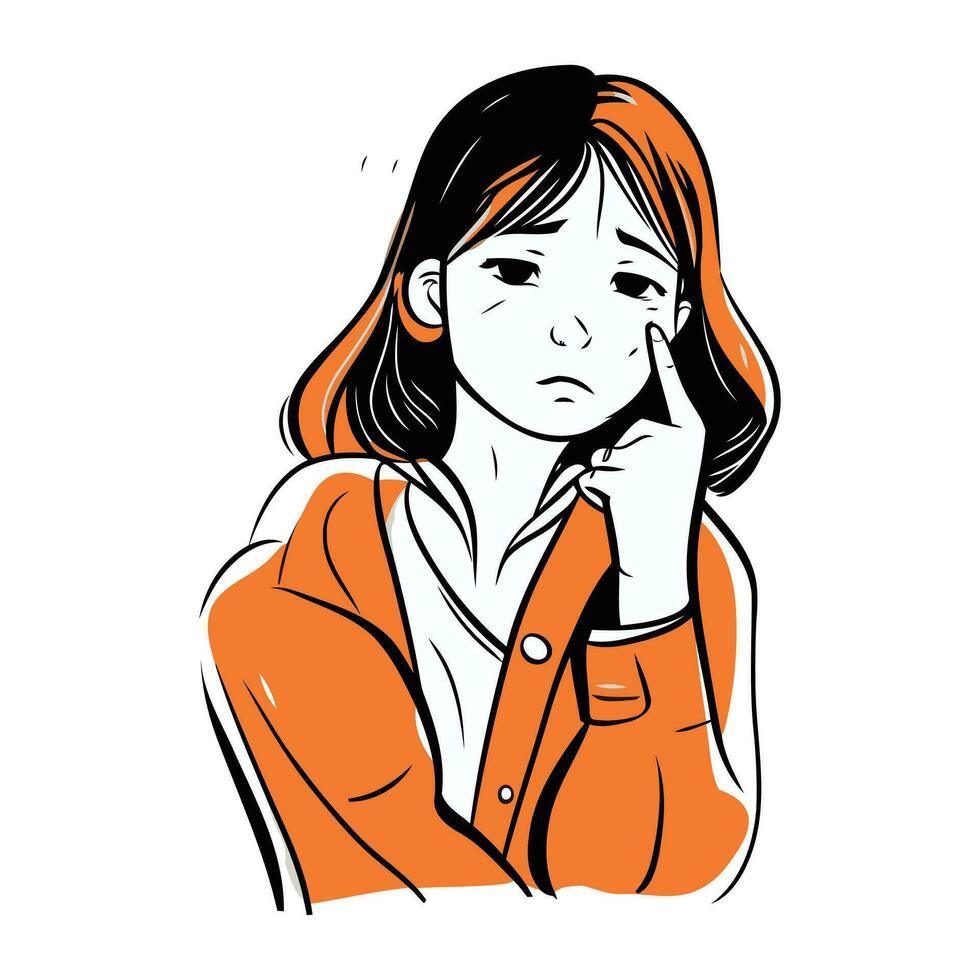 Sad woman in orange jacket. Vector illustration. isolated on white background.